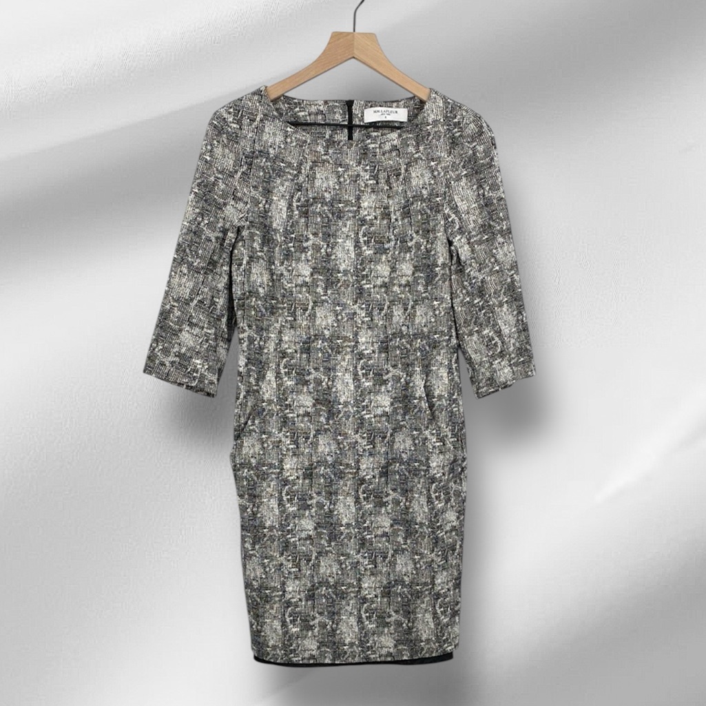 Mm Lafleur Dress Women’s 8 Sheath Crackle Etsuko 3/4 Sleeve Pockets Black White
